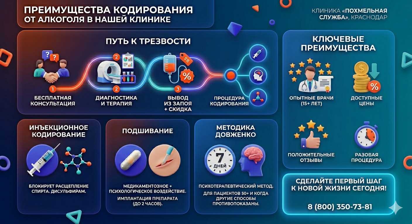 Инфографика о методах кодирования от алкоголя в Сунтаре: инъекции, подшивание, метод Довженко. Преимущества клиники и этапы лечения.